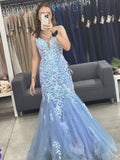 Blue Tulle Lace Party Dress Mermaid Spaghetti Straps Long Sexy Prom Dresses Evening Gowns HZ0311