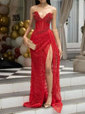 Red Strapless Beaded Fringe Waist Sequin Prom Dress with High Slit For Women HZ0311