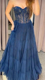 Chic Ball Gown Sweetheart Navy Blue Tulle Prom Dresses Long for Women Formal Evening Gown HZ0311