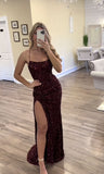 Sexy Halter Sequins Burgundy Slit Mermaid Long Prom Dress Evening Dress HZ0311