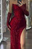 Attractive Sequins Sweetheart Slit Burgundy Mermaid Prom Dresses Evening Dress Party Gowns HZ0311