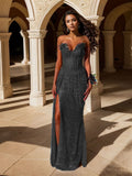 Red Strapless Beaded Fringe Waist Sequin Prom Dress with High Slit For Women HZ0311