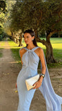 Classy Mermaid Halter Light Sky Blue Chiffon Floor Length Long Maxi Prom Dresses Wedding Guest Dress 20th Birthday Outfits HZ0311