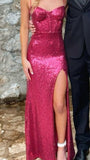 Sparkly Mermaid Spaghetti Strap Hot Pink Sequin With Slit Long Prom Dresses Formal Gown Inspo Evening Outfit HZ0311