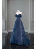 A-Line Off Shoulder Tulle Lace Dark Blue Long Prom Dresses HZ0311