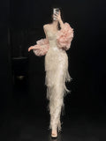 Glittery Sheath Strapless With Tassels Beads Sleeveless Pink Prom Dresses Inspiration Long Night Outfits Birthday Outfits HZ0311
