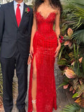 Red Strapless Beaded Fringe Waist Sequin Prom Dress with High Slit For Women HZ0311