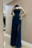 Charming Dark Navy Strapless Sleeveless Stain Prom Dresses Sheath Long On Sale HZ0311