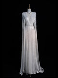 Modest A Line V Neck White Sequin With Long Sleeves Cape Prom Dresses Evening Party Formal Gown 17th Birthday Outfits HZ0311