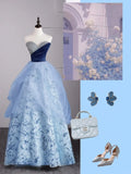 Cute Ball Gown Sweetheart Blue Tulle Floral Sleeveless With Beaded Bodice Long Quinceanera Dresses Sweet 15 16 Birthday Outfit HZ0311