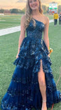 Chic Ball Gown One Shoulder Navy Blue Lace Slit Prom Dresses Long for Women Formal Evening Gown HZ0311