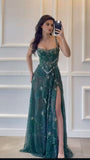 Modest A line Square Neck Dark Green Sequins Slit Long Prom Dresses Senior Graduation Dance Evening Outfits HZ0311