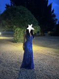 Sparkly Beaded Mermaid Backless Royal Blue Long Prom Dress With Sequins HZ0311