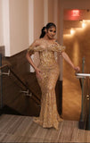 Sparkling Mermaid Off The Shoulder Gold Sequin Inspo For Black Girls People Women Girls Formal Party Gowns Long Prom Dresses HZ0311