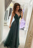 Elegant A Line V Neck Straps Green Tulle Prom Dress with Beading Vestidos De Dia HZ0311