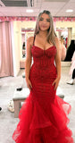 Aesthetic Mermaid Spaghetti Strap Red Tulle Long Formal Dresses With Lace Evening Prom Dress HZ0311