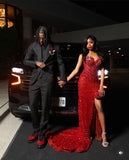 Sparkly Mermaid Sweetheart Red Sequin With Pleated Beads Slit Long Prom Dresses Formal Gown Inspo Evening Outfit With Gloves HZ0311