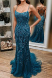 Dark Blue Mermaid Spaghetti Straps Appliques Formal Prom Dress HZ0311