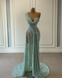 Classy Mermaid One Shoulder Marine Ball Dresses Floor Length Formal Gowns Mint Green Sequin With Leg Slit Prom Dresses Evening Dress HZ0311