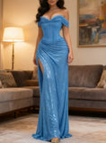 Chic Off-the-shoulder Sheath Long Prom Dresses Sequin Blue Evening Dresses Party Gown For Women HZ0311
