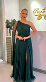 Women's Cocktail Party Gowns A line One Shoulder Dark Green Tulle With Slit Pleated Long Graduation Dinner Outfit Prom Dresses HZ0311