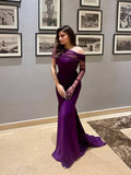 Women's Cocktail Party Gowns Mermaid One Shoulder With Pleated Ruched Purple Long Sleeve Graduation Dinner Outfits Prom Dresses HZ0311