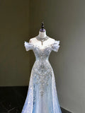 Dream Mermaid Off The Shoulder Aesthetic Sequin Blue Long Prom Dresses Inspiration Party Dress Prom Gown HZ0311