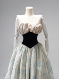 Modest Ball Gown Strapless Floral Blue Satin Long Evening Prom Dresses Floor Length Evening Formal Dress HZ0311