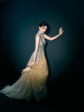 Ball Gown Halter Champagne Tulle Long Evening Prom Dresses Long Evening Formal Dress HZ0311