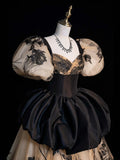 Modest Ball Gown Sweetheart With Puffy Short Sleeves Black Floral Long Prom Dress For Women Girls Evening Dresses HZ0311