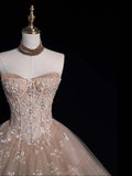 Ball Gown Strapless Champagne Sleeveless With Applique Tulle Long Quinceanera Dresses Sweet 15 16 Birthday Outfits HZ0311