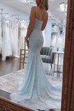 Shiny Royal Blue Mermaid Spaghetti Straps Long Beaded Prom Dress Party Gowns HZ0311