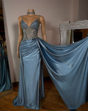 Blue Mermaid V-Neck Satin Long Appliques Sequin Prom Dress With Slit HZ0311