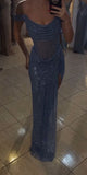 Sparkly Mermaid Off The Shoulder Blue Sequin Long Slit Evening Party Gowns Evening Dress Special Formal Dresses Prom Dress HZ0311