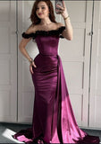 Elegant Mermaid Off The Shoulder Satin With Short Sleeves Long Formal Fancy Evening Dress Dinner Outfits Classy Party Gowns HZ0311