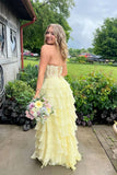 A line Sweetheart Pale Yellow Chiffon Flowy Ruffle Long Formal Gowns Prom Dresses Evening Dress HZ0311