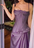 Vintage A Line Spaghetti Strap Grape Satin With Pleated Formal Gowns Evening Maxi Prom Dress Aesthetic For Women Party Outfits HZ0311