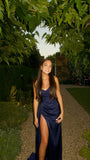 Classy Mermaid Spaghetti Strap Navy Blue With Satin Slit Long Prom Dresses Aesthetic For Teens Formal Dress Party Outfits Prom Gown HZ0311