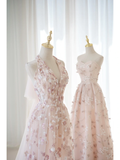 Cute A line Halter Floral Tulle Pink Long Prom Dresses Impress 19th Birthday Outfits Prom Gown HZ0311