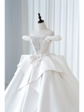 Simple Ball Gown Off The Shoulder Satin Lace White Fit And Flare Long Floor Length Pleats Wedding Dress HZ0311