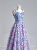 Princess A line Spaghetti Straps Lilac Tulle Floral Prom Dresses Long Evening Formal Gown With Scarf Party Gowns HZ0311