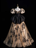 Modest Ball Gown Sweetheart With Puffy Short Sleeves Black Floral Long Prom Dress For Women Girls Evening Dresses HZ0311