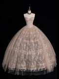 Ball Gown Strapless Champagne Sleeveless With Applique Tulle Long Quinceanera Dresses Sweet 15 16 Birthday Outfits HZ0311