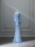 Sexy Mermaid Off The Shoulder Blue Sequin Long Formal Prom Dress Evening Gowns HZ0311