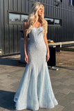 Shiny Blush Pink Sequins Mermaid Spaghetti Straps Long Beaded Prom Dress Party Gowns HZ0311