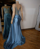Blue Mermaid V-Neck Satin Long Appliques Sequin Prom Dress With Slit HZ0311