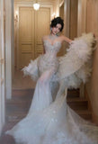 Mermaid High Neck White Sequins Silver Beaded Long Prom Dresses Party Dress For Women HZ0311