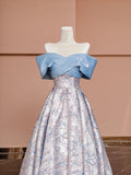 Gorgeous A line Off The Shoulder Blue With Sleeves Satin Formal Evening Dress Gowns Prom Dresses HZ0311