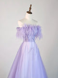 Ball Gown Strapless Lilac Tulle With Feathers Long Prom Dress Fashion Aesthetic High School Formal Dresses Party Outfits Prom Gown HZ0311