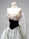 Modest Ball Gown Strapless Floral Blue Satin Long Evening Prom Dresses Floor Length Evening Formal Dress HZ0311